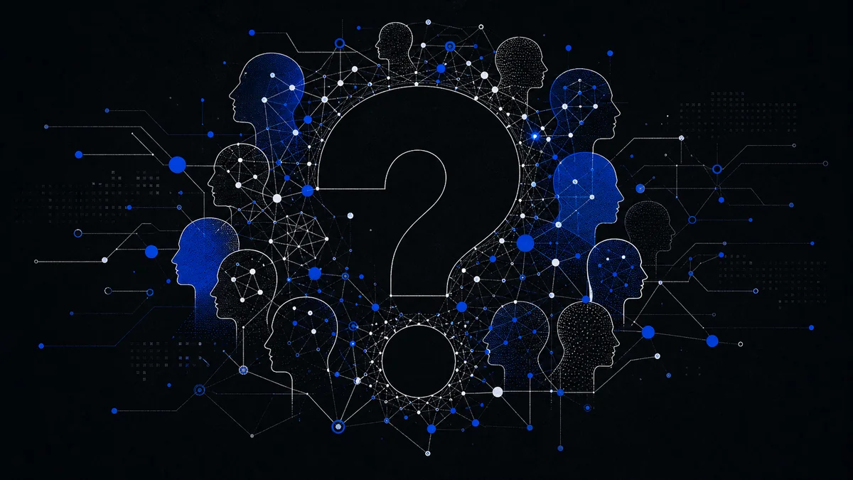 A luminous question mark assembled from neural signal lines above a field of small human silhouettes