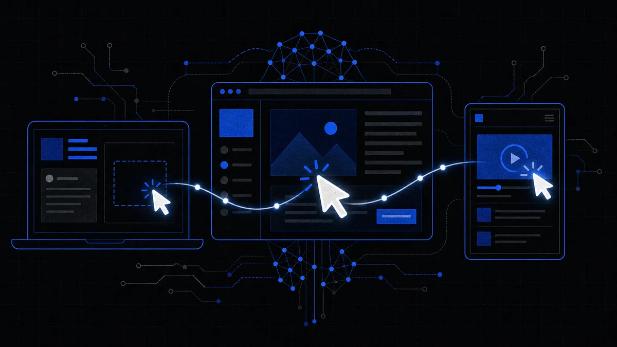 A cobalt cursor moving between browser, desktop, and mobile windows connected by neural lines