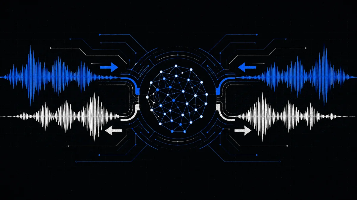 Two cobalt audio waveforms crossing through a circular neural interface