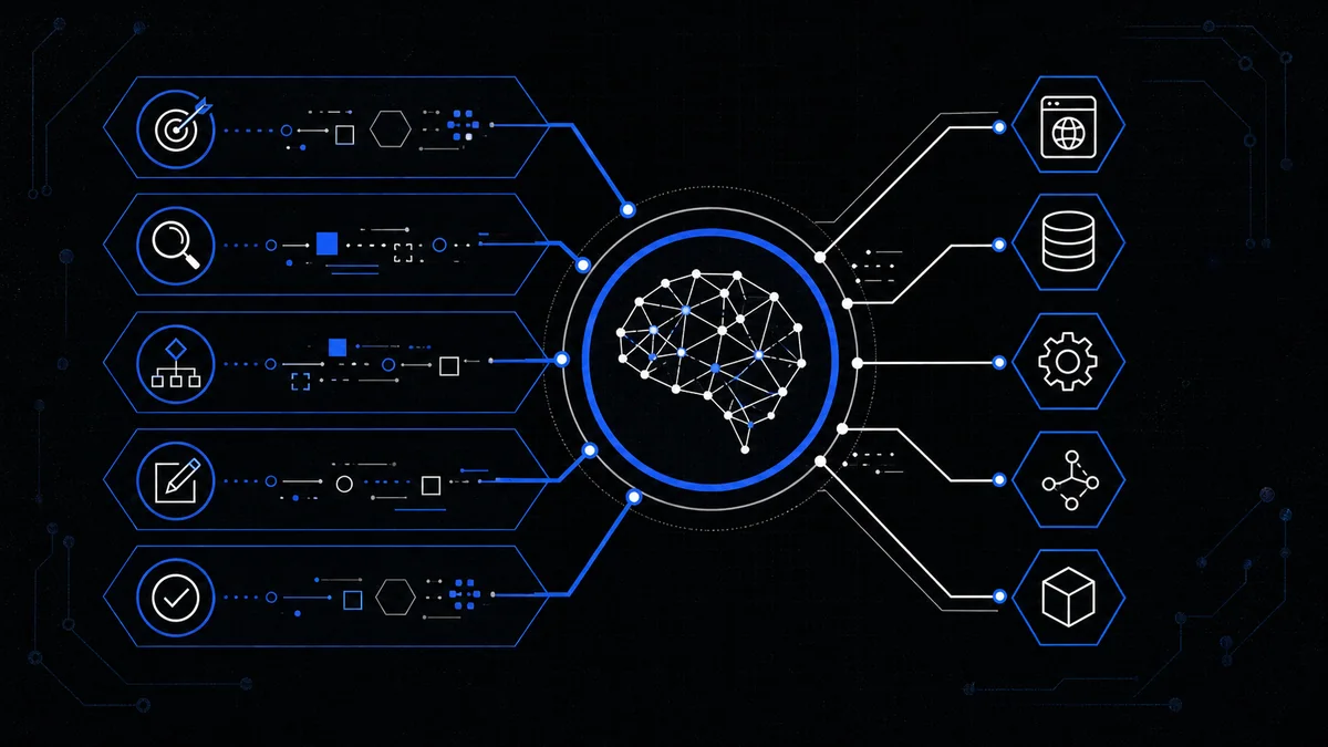 Five stacked cobalt signal bands converging into a precise agent node